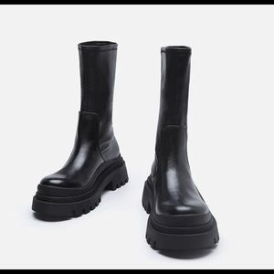 Sold ZARA PLATFORM WOMEN'S, CHELSEA BOOTS BLACK REAL LEATHER MID-CALF BOOTS